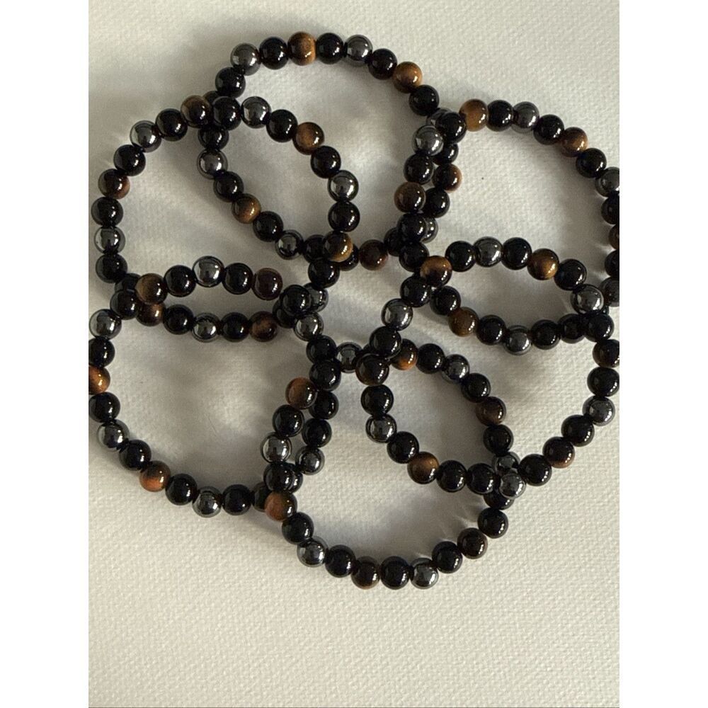 Set of 6 Tiger’s Eye Pattern and Hematite Finish Stretch Bracelets